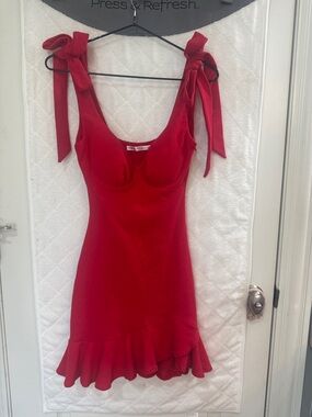 Red Tie-Shoulder Mini Dress with Ruffle Hem
